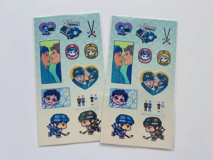 HELLO!! I will be at Anime Night Mart this weekend @ Moreno Valley Mall!! Gonna have all my previous merch plus these Heated Rivalry sticker sheets! Unfortunately they got misprinted so they will be discounted but I'll have the fixed ones some time in May and put them online