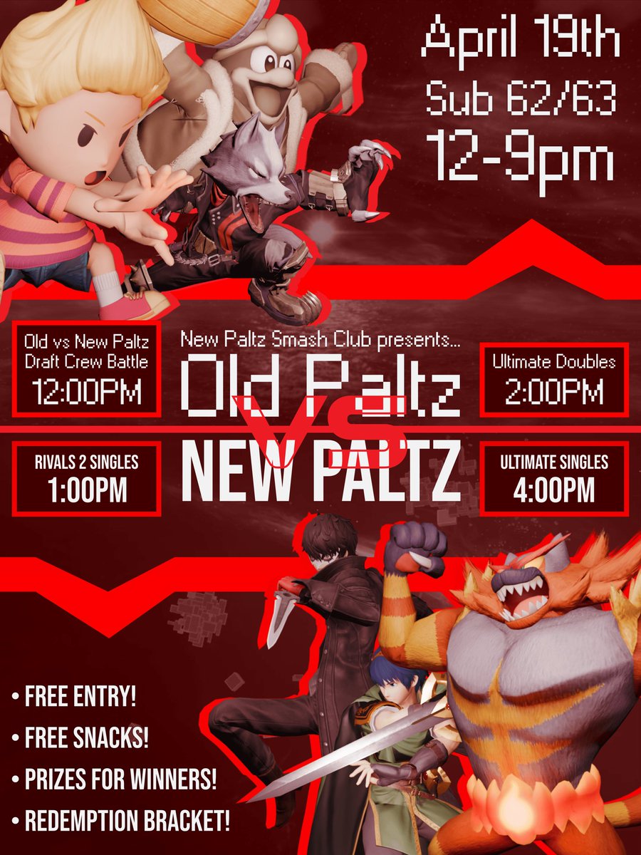 NPSmashClub's tweet photo. Join NPSC April 19th, 2026, in SUB 62/63 of the Student Union Building, from 12pm-9pm.  

Old vs New Paltz Draft Crew Battle - 12pm 
Rivals 2 Singles - 1pm 
Ultimate Doubles - 2pm 
Ultimate Singles - 4pm 
Ultimate Redemption - ~5:30

pre-reg now: https://t.co/0uy4DZUWxX https://t.co/DZTvc0vPNj