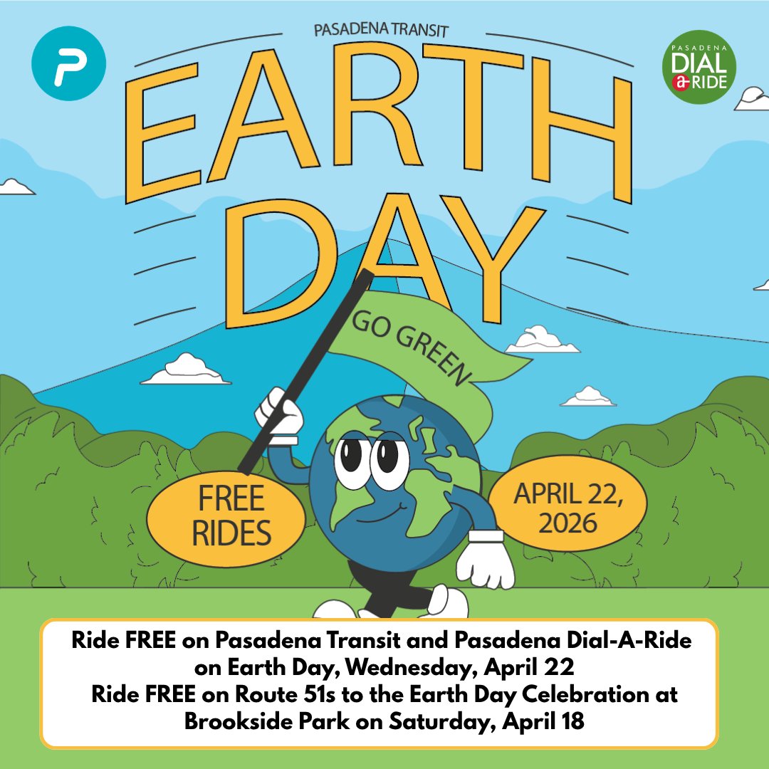PasadenaTransit's tweet photo. Looking for Earth Day plans? Ride FREE this Sat. April 18 on Route 51 to the Earth Day Celebration at Brookside Park. On Wed. April 22, ride FREE on all Pasadena Transit routes &amp; Dial-A-Ride and go green for Earth Day!

Plan your trip on Transit, Pasadena Transit’s official app. https://t.co/g0mJYc77oL