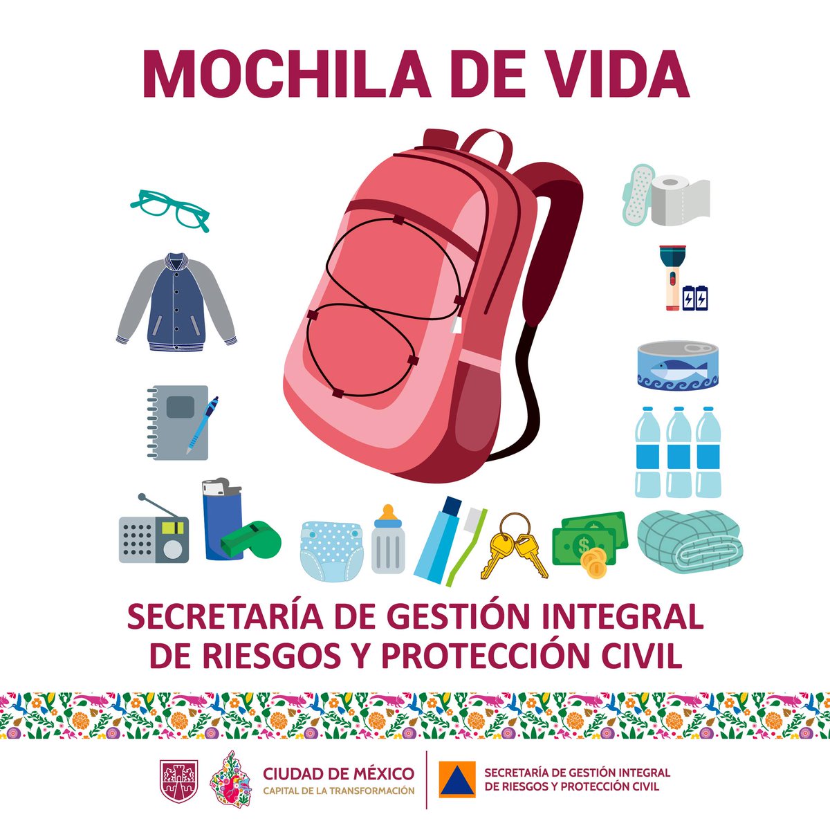 SGIRPC_CDMX's tweet photo. 🎒 La #MochilaDeVida es la que preparamos para situaciones de emergencia e incluye los siguientes elementos:

➡️ Agua y comida enlatada para las primeras 72 horas.
➡️ Kit básico de primeros auxilios y tus medicamentos.
➡️ Silbato y encendedor.
➡️ Respaldo digital de documentos importantes en USB.
➡️ Radio de pilas.
➡️ Papel higiénico, cobija, muda de ropa e impermeable.
➡️ Copia del juego de llaves de la casa y auto.
➡️ Dinero efectivo.
➡️ Batería externa y pila recargable para celular
➡️ Pluma y libreta con lista de teléfonos de emergencia.
➡️ Cepillo y pasta de dientes.
➡️ Cubrebocas y gel antibacterial

🎧 Conoce más sobre prevención de riesgos en el podcast "Prepara la Mochila de Vida":

🔗 https://t.co/rO1XGhY912 

En #LaCapitalDeLaTransformación #TrabajandoJuntos #LaPrevenciónEsNuestraFuerza