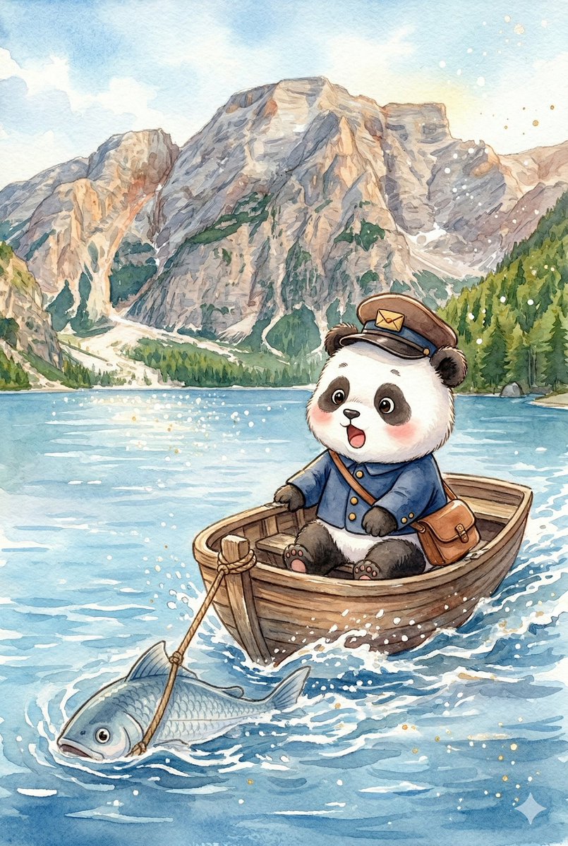 Panda_Studio_Ai's tweet image. 「わあ、はやい！」
おおきな さかなが ボートを ひっぱってくれました。
みずしぶきが きらきら ひかります。

#パンダ #panda #パンダ絵本 #てがみをとどけに