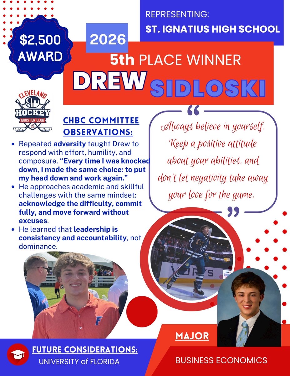 ClevelandHBC's tweet photo. It’s time to celebrate our 2026 scholarship winners !  Our 5th place winner taking home $2,500 from @SIHSH0CKEY / @SIHSCleveland is Drew Sidloski!  Congrats Drew! https://t.co/tYC3ex0KFC