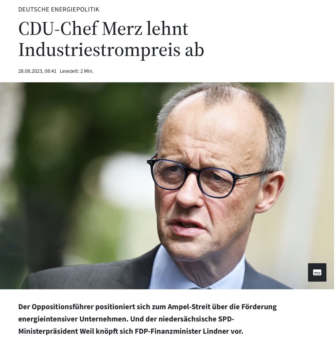 <a href="/BMWE_/">Bundesministerium für Wirtschaft und Energie</a> Dann hat die CDU den von Habeck vorgeschlagenen Industriestrompreis also nur aus ideologischen Gründen abgelehnt, obwohl es richtig und wichtig gewesen wäre ihn einzuführen. 

Die CDU hat also aus Ideologie Deutschlands Wirtschaft jahrelang geschadet. 

Dann ist das geklärt.