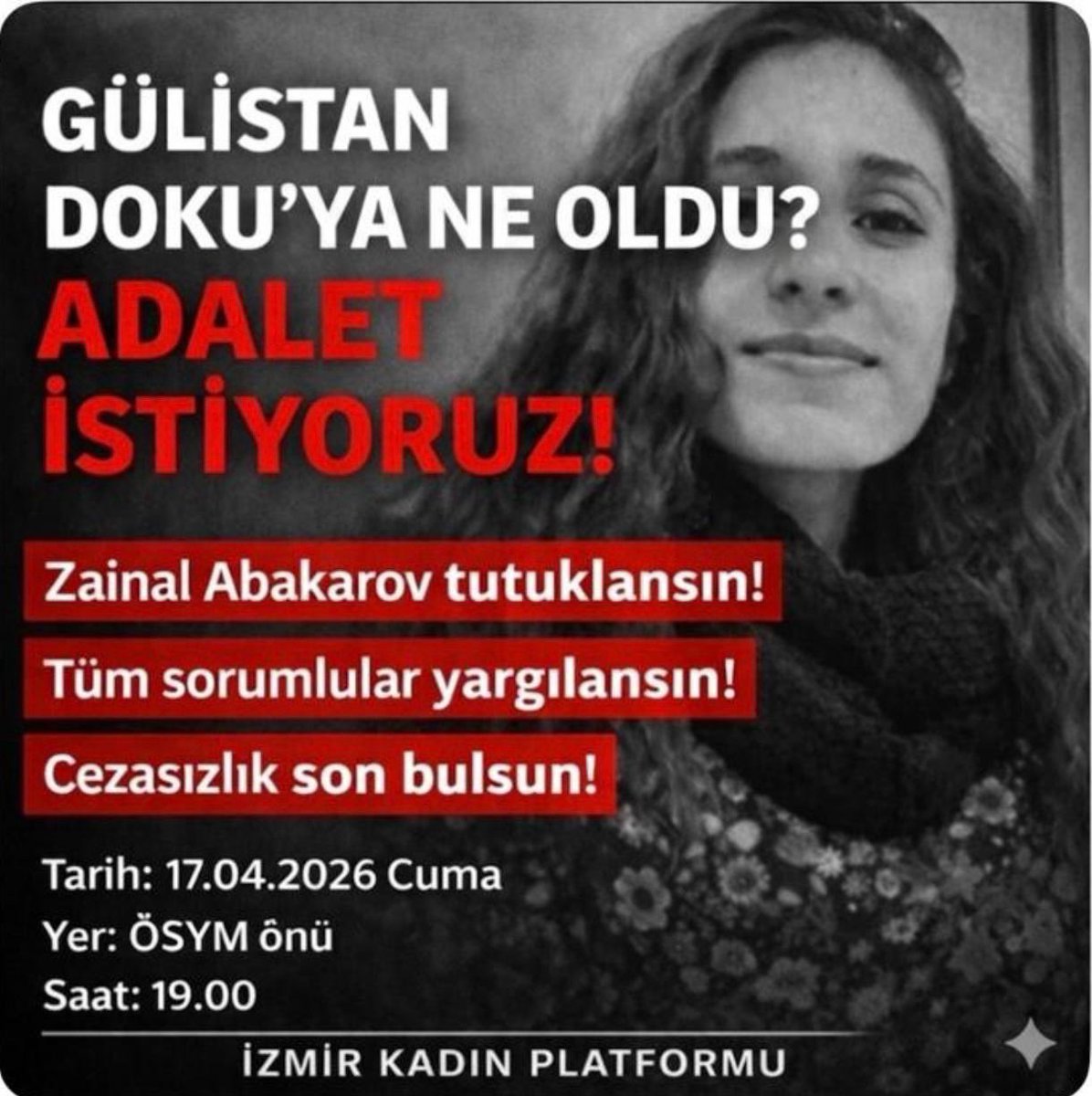 IzmirDemKadin's tweet photo. Adalet istiyoruz!

Çürümüş yargı sistemine, failleri koruyan düzene boyun eğmeyeceğiz! 

Gülistan Doku ve kaybettirilen, katledilen her bir kadının hesabını soracağız! https://t.co/0qsfClrBio