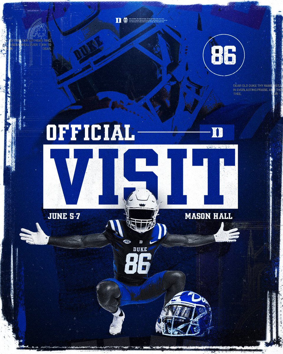 MasonHall86's tweet photo. Excited about my official visit to Duke! @Coach_JWatts @CoachPehrson @DUFBRecruit @CoachMaxNorton https://t.co/NgNnssIKuC