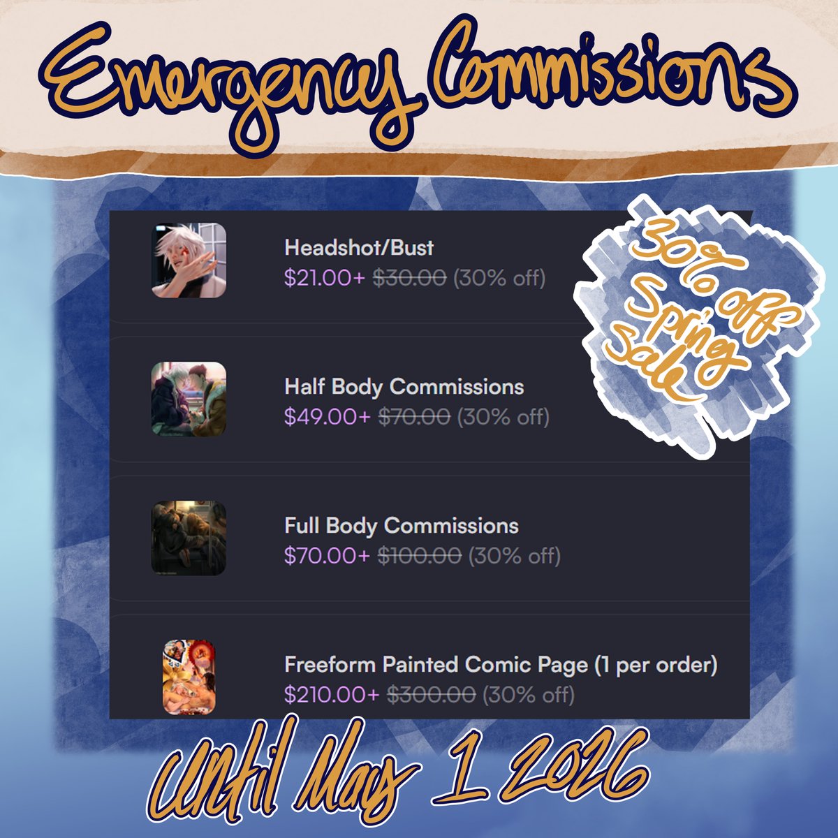 orbindraws's tweet photo. I got hit with a crazy bill I simply cannot pay so, I'm opening up emergency comms! I may be a little slower than usual due to some medical reasons but they're staying on sale from today until May 1st over on vgen!
Links and more info below >
#emergencycommissions #commissions https://t.co/gFlWSRrTwm