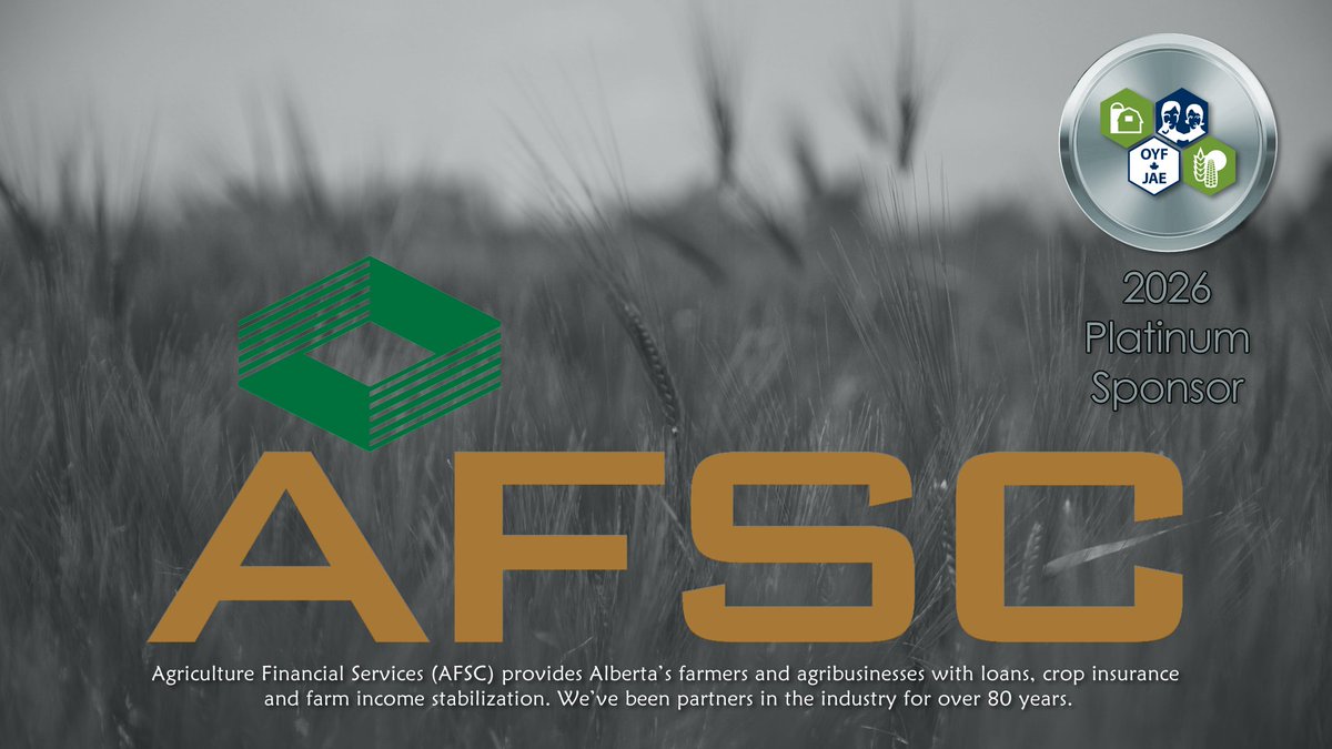albertaoyf's tweet photo. Agriculture Financial Services, a long-running sponsor of OYF, is 2026's platinum sponsor!

AFSC is unique in the ways they support the farming community; from crop insurance to next generation loan programs.

Find out more about AFSC here: https://t.co/aDT8yHf8jm

@AFSC_AB https://t.co/Vm1Dr6zmAy