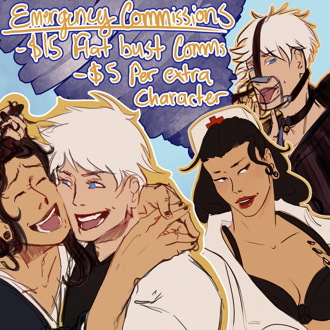 orbindraws's tweet photo. I've also opened a new, more affordable service as well! Sketch busts! They'll be a flat $15 each and it includes a sketch with flat colors only. $5 per extra characters in the scene. https://t.co/byvcnYYtuA