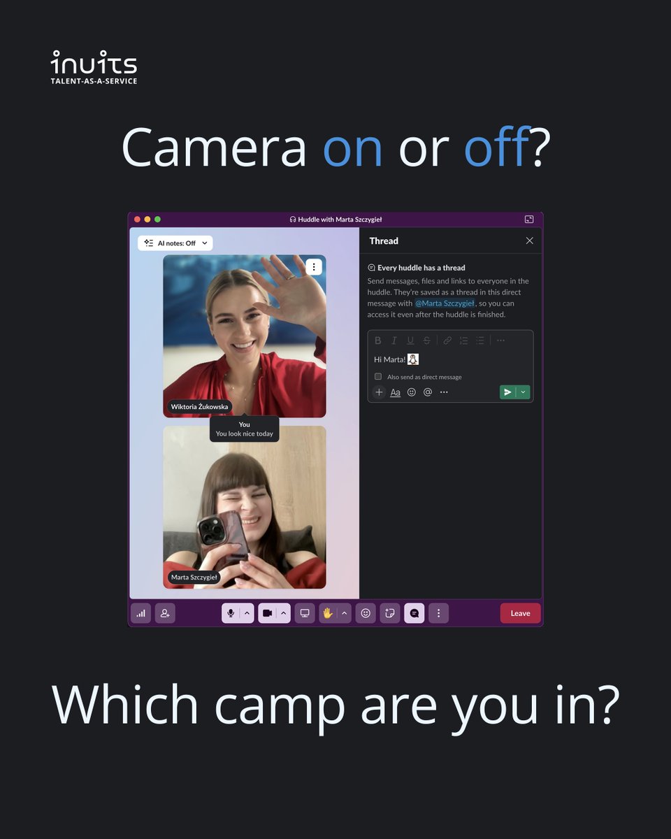 inuits_it's tweet photo. Camera on or camera off: The great remote work divide. 

It sounds like a simple question. But in most teams, it quietly divides people into two camps, and nobody ever really talks about it 👀

 Where do you stand? Share in the comment!

#remotework #meetings #teamculture https://t.co/JN4nspXfUa