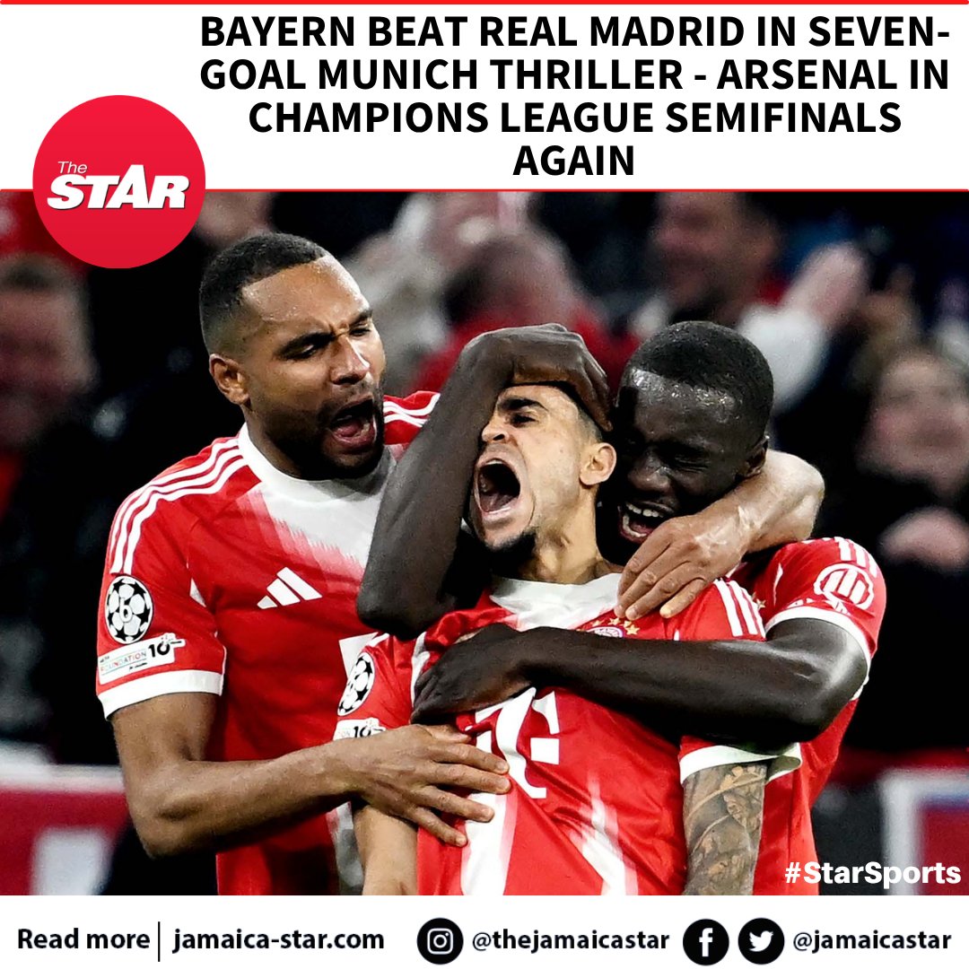 #StarSports: Bayern Munich turned the tables on old rivals Real Madrid. Luis Diaz and Michael Olise scored late for the Bavarian powerhouse to beat Madrid 4-3 and advance to the Champions League semifinals on Wednesday.

READ MORE: jamaica-star.com/article/sports…