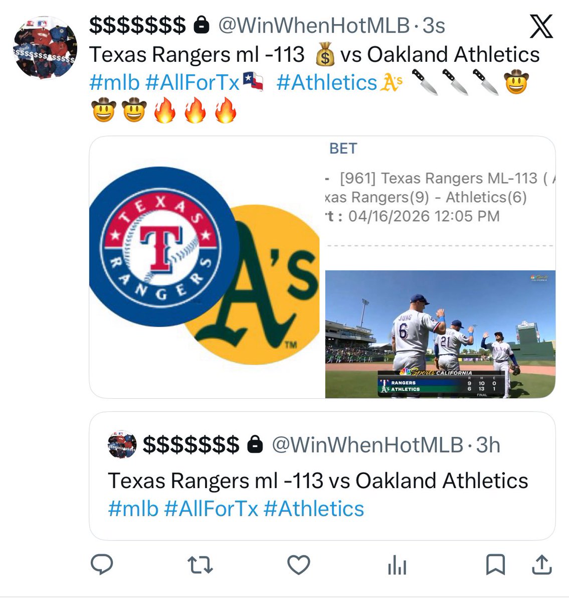 NCAAflash's tweet photo. Texas Rangers ml -113 💰vs Oakland Athletics #mlb #AllForTx  #Athletics 🔪🔪🔪🤠🤠🤠🔥🔥🔥 up 5-3 bottom 8th A's score 3 make it 5-6 cuz a missed pop fly catch... Rangers respond by scoring 4 top 9th LFG what a great game $$$ https://t.co/kEOzD2O2DD