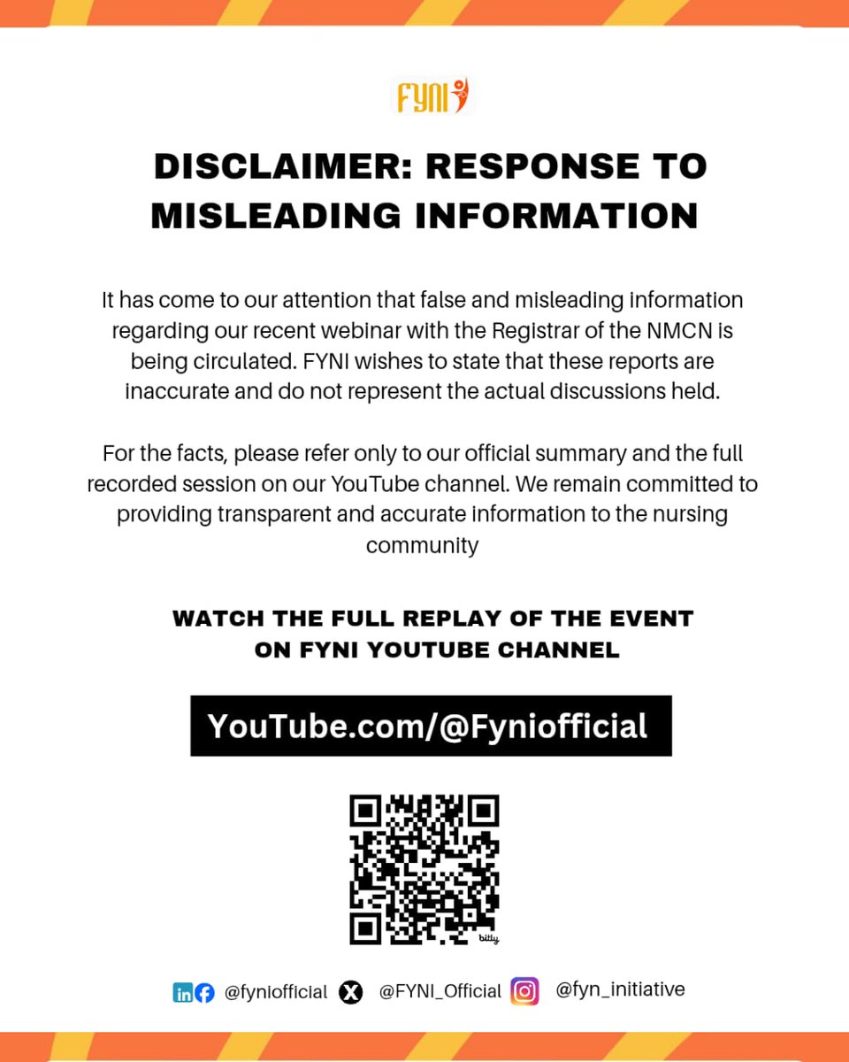 FYNI_Official's tweet photo. DISCLAIMER!
For the facts, please refer only to our official summary and the full recorded session on our You Tube channel. We remain committed to providing transparent and accurate information to the nursing community.
#FYNIMentorship #Internship #NMCN https://t.co/BriJp82FhO