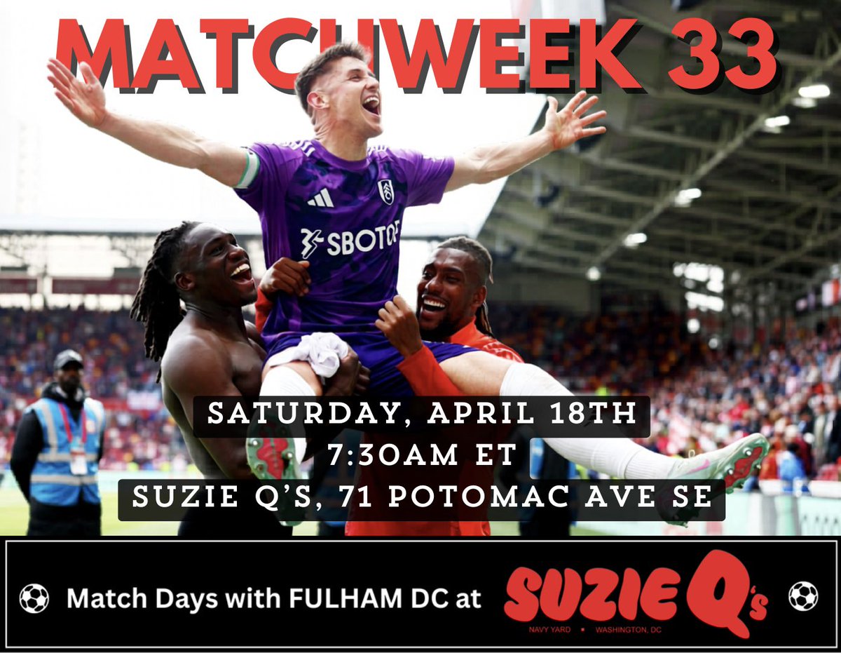 FulhamDC's tweet photo. MW 33: To the Gtech for what is now a near do or die derby. Let’s hope for similar scenes to our last day out there.

Come down to Suzie Q’s, bring a coffee, bring a friend! And COME on Fulham!

📅: Sat, Apr 18
⏰: 7:30am ET
🏟️: Gtech
🍻: Suzie Q’s, 71 Potomac Ave SE

#FFC #COYW https://t.co/SYq8hIOzzO