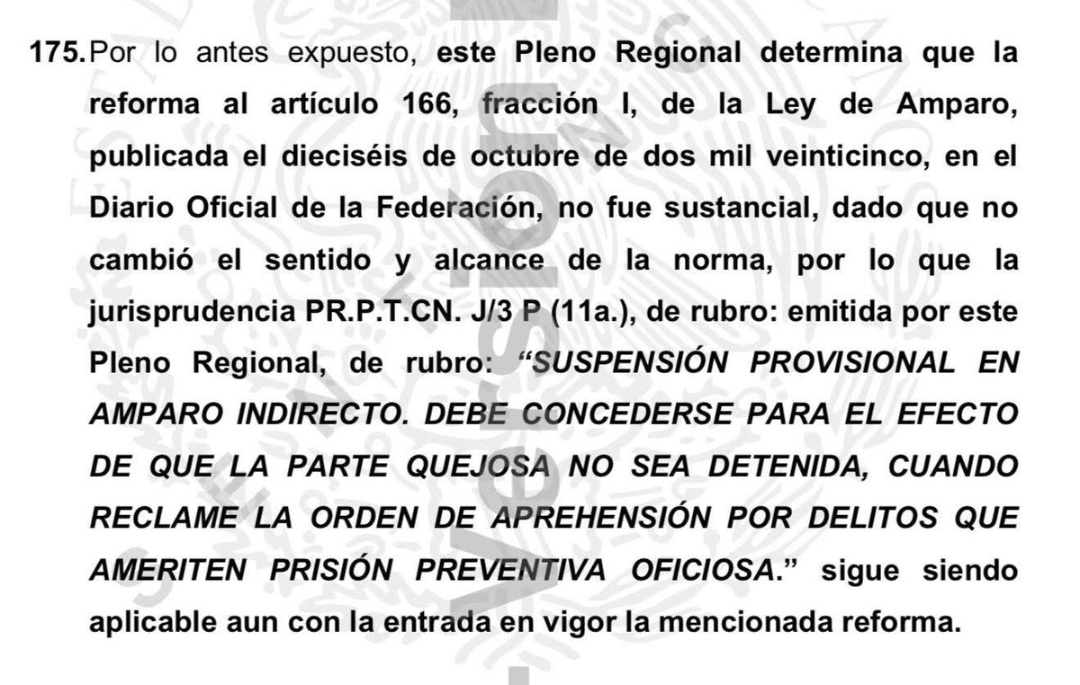 La Prisión Preventiva Oficiosa #PPO no debe aplicarse y, en los amparos, la suspensión debe concederse con efectos restitutorios a pesar de la llamada “reforma” al 166, fracción I, de la Ley de Amparo.

Resoluciones del Pleno Centro-Norte de hoy 16 de abril de 2026.