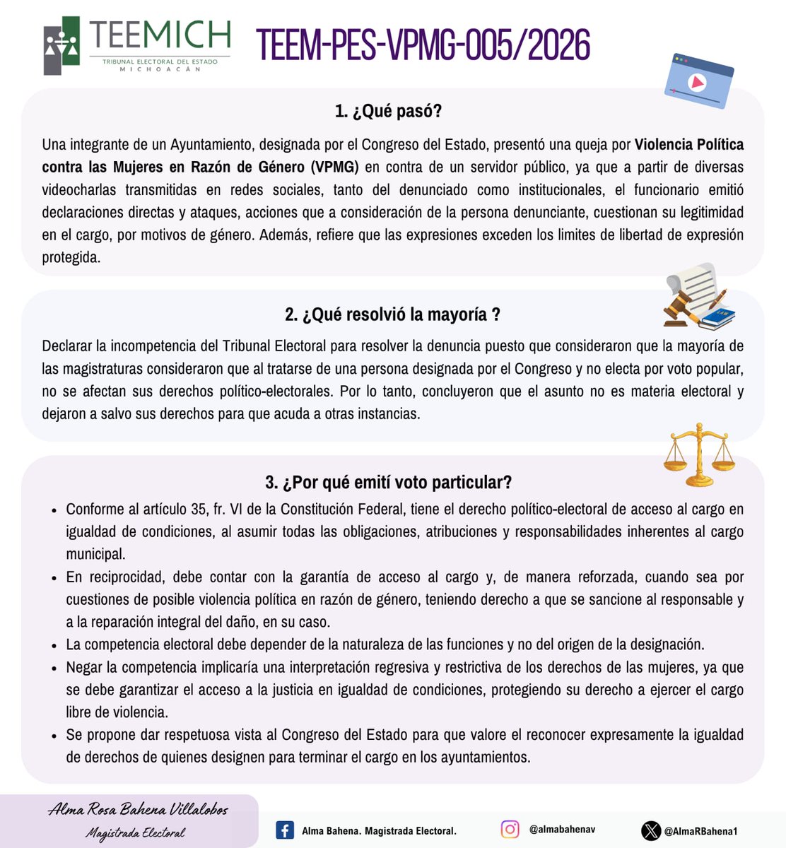 AlmaRBahena1's tweet photo. 📢 Infografía respecto al Procedimiento Especial Sancionador TEEM- PES- VPMG - 005/2026 que resolvió el pleno Tribunal Electoral Del Estado De Michoacán 
@teemichmx https://t.co/odbOmt8ETS