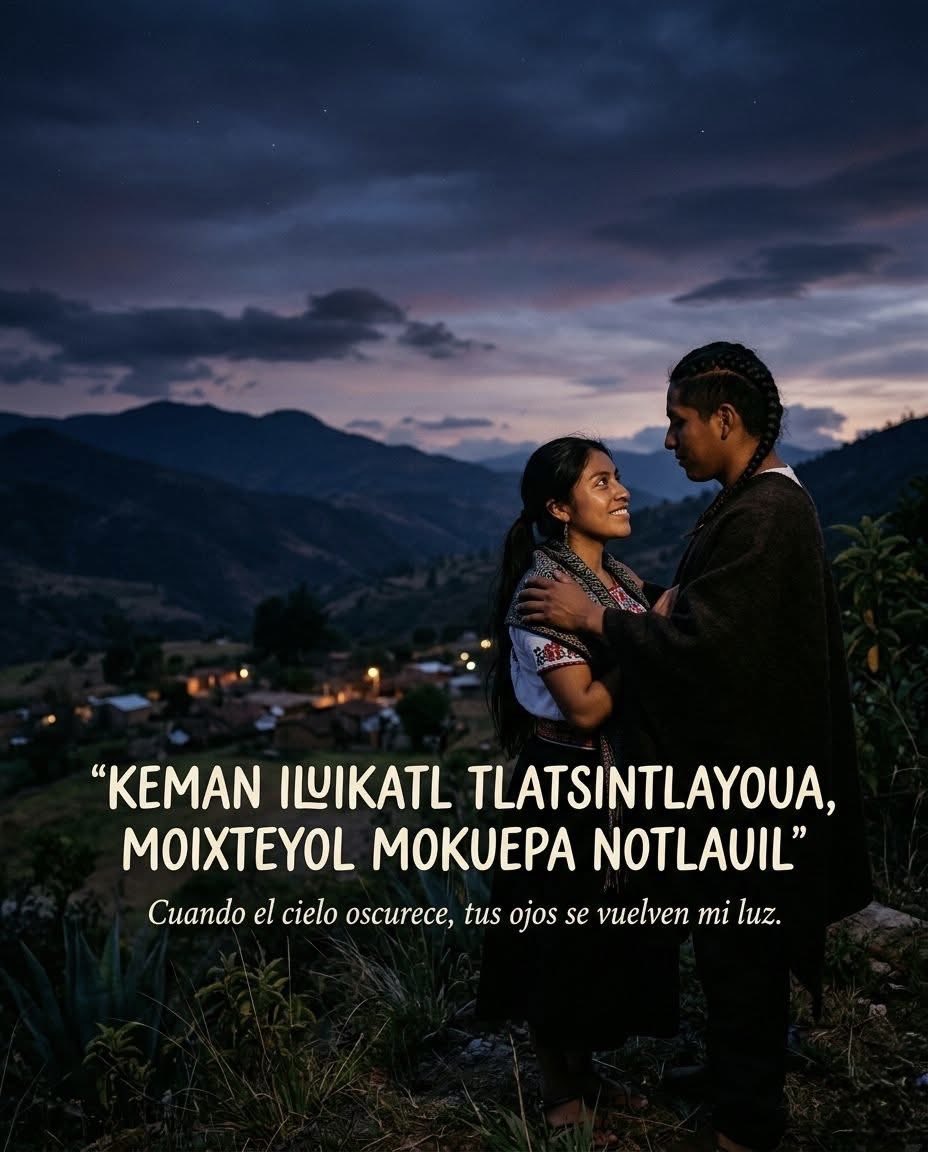 "KEMAN ILIKATL TLATSINTLAYOUA,
MOIXTEYOL MOKUEPA NOTLAUIL"

Cuando el cielo oscurece, tus ojos se vuelven mi luz.