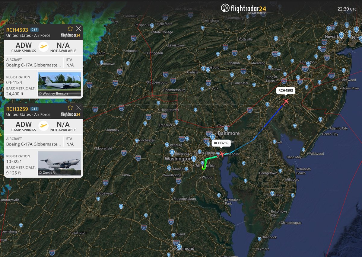 USGovJets's tweet image. 🚨- 2 U.S. Air Force C-17s have departed Joint Base Andrews (KADW) en route to Spangdahlem Air Base (ETAD) in Germany. RCH3259 is confirmed to be a part of a new VPOTUS support package. RCH4593 is likely related, but unconfirmed at this time.