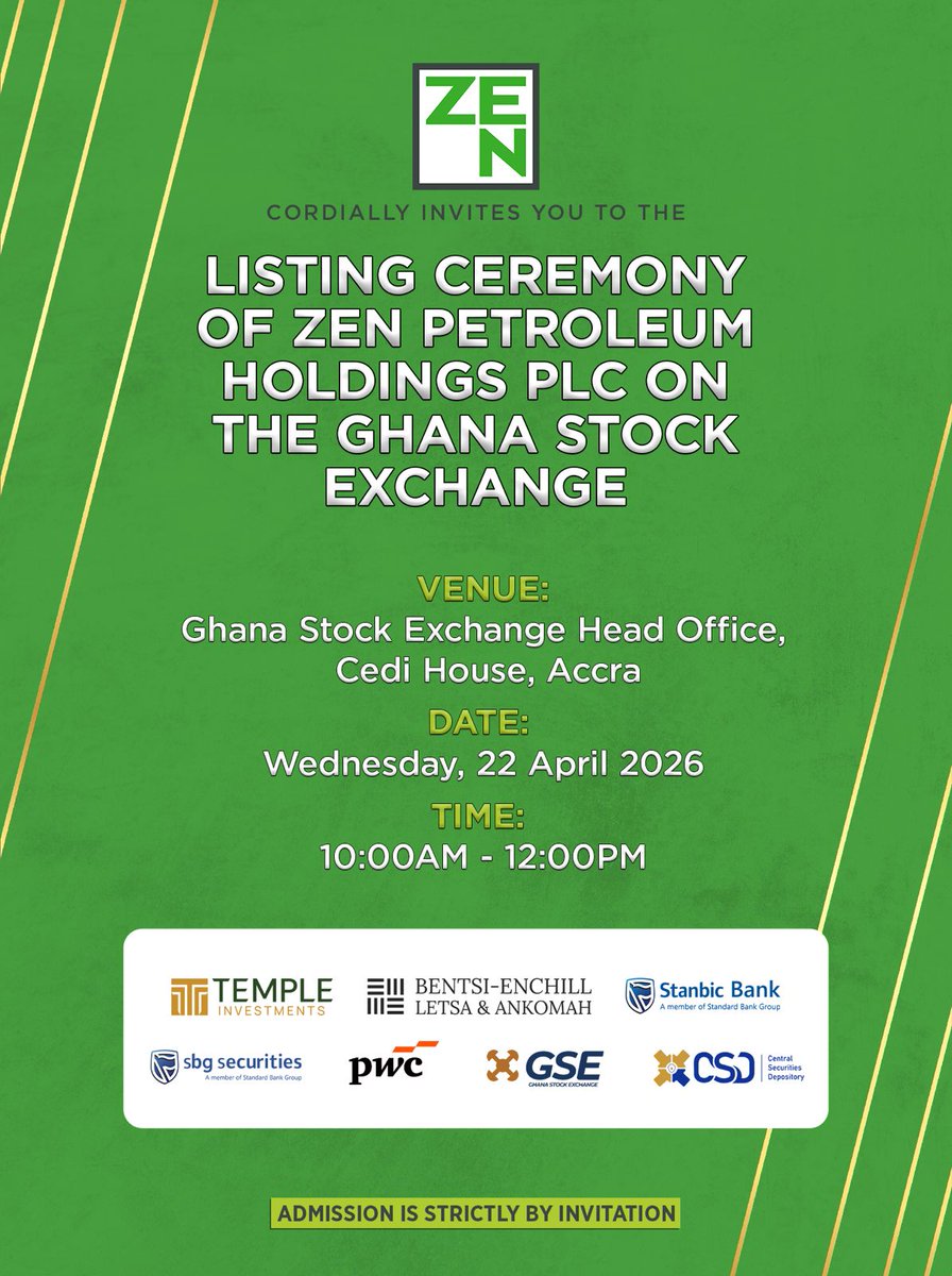 gstockexchange's tweet photo. @zenpetroleumplc is about to make its grand entrance.
The exchange doors are opening. The charts are loading. The moment this entire community has been waiting for is no longer a dream — it's about to happen. Get ready!
#GhanaStockExchange #listingceremony @CSDGhanaLtd https://t.co/jUQPl1RGtd