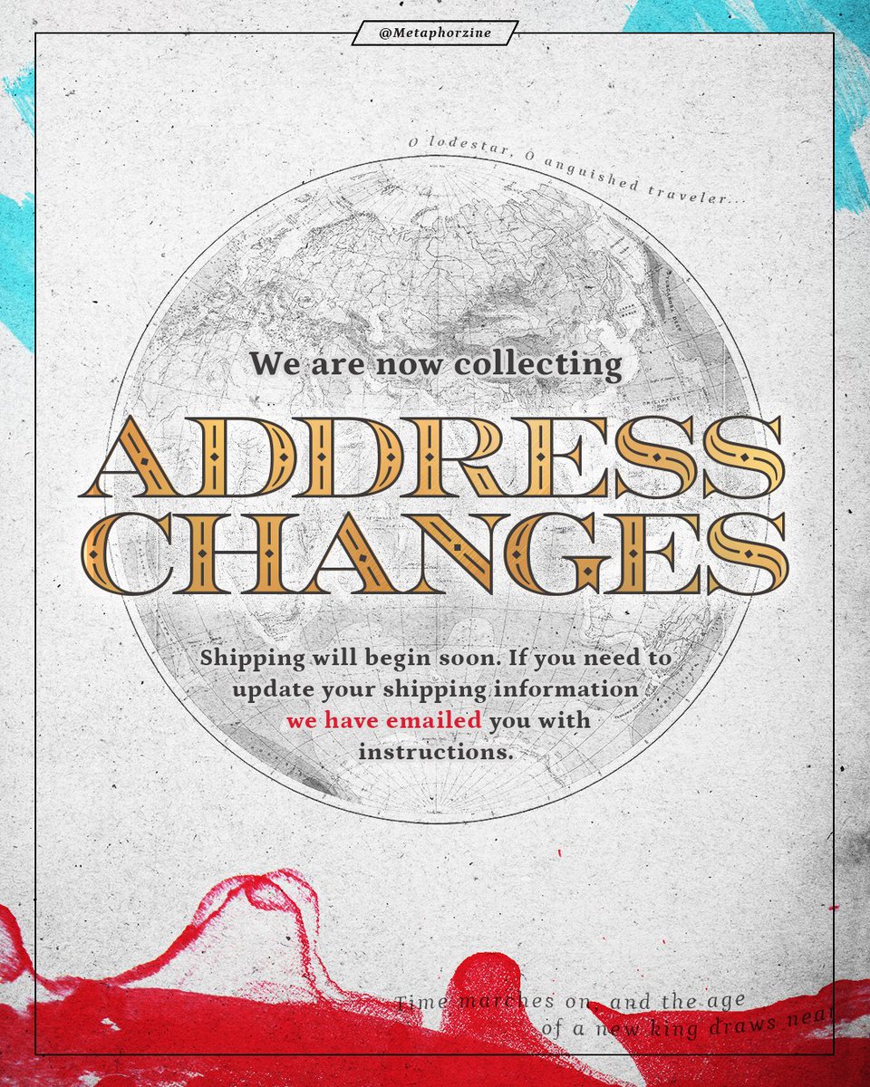 metaphorzine's tweet image. 📣 Ladies, gents, and mad malcontents: We are nearly ready to begin shipping!

📦 Please check your emails for our address change form and update your info as needed. This form will close April 30th 11:59 pm EST.

#metaphor #メタファー