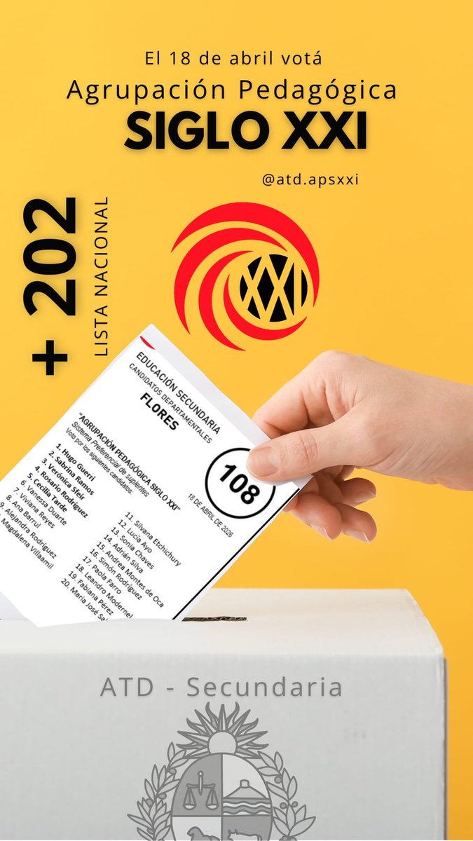 En Flores, votamos 202 + 108. 

Agrupación Pedagógica Siglo XXI. Un colectivo independiente de todo compromiso político-partidario.

#ATD2026
#ATDSecundaria
#AsambleaTécnicoDocente