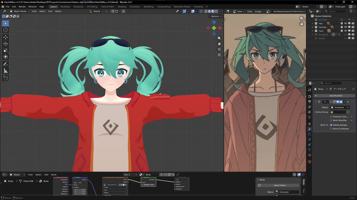 _Zhako_'s tweet image. Así va quedando el modelo ya con texturas ^^ Aun me faltan los detalles del pelo, pero ya pronto. (Quien diria que hacer vtubers era tan complejo) #miku #vr #vtuber #blender #b3d #commission