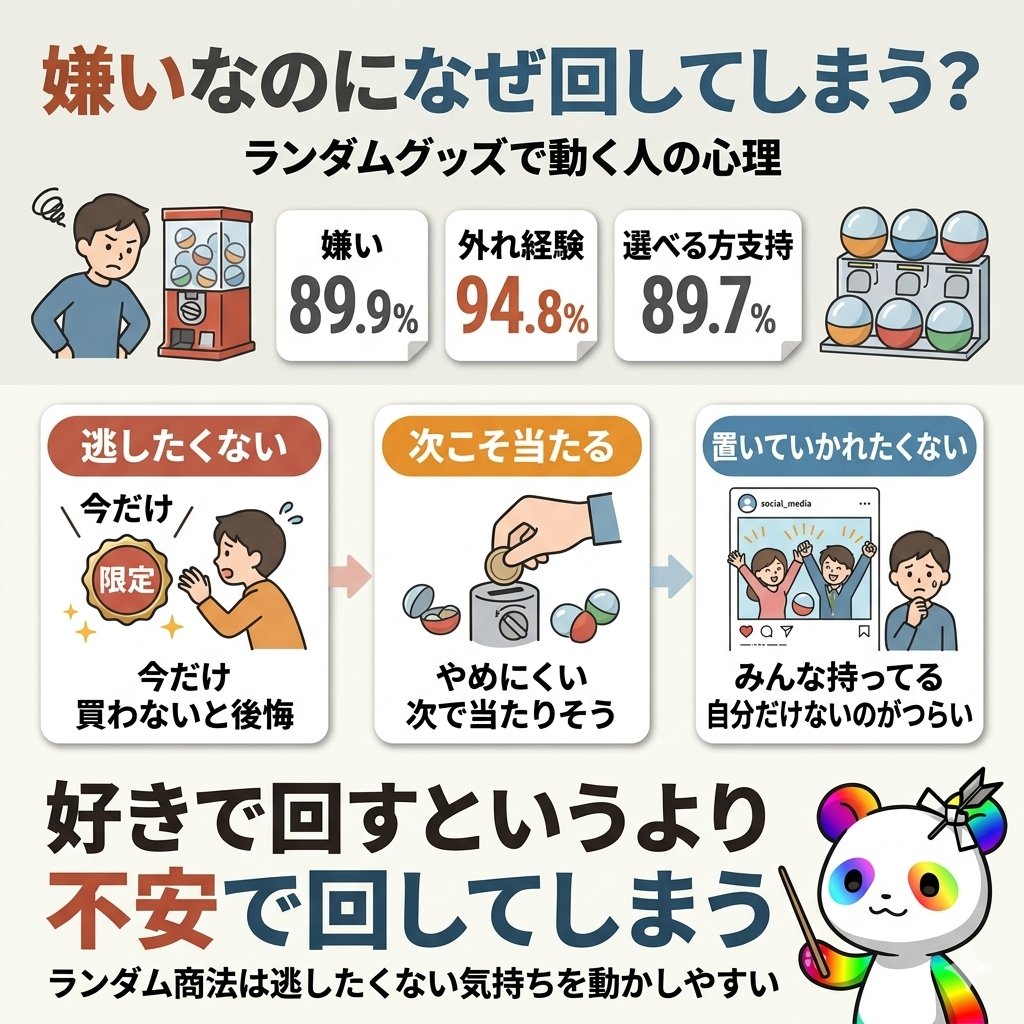 これ、めちゃくちゃうまい仕組みだと思う。

人は
「好きだから買う」
より
「逃したくないから買う」
のほうが動かされやすい。

限定
次こそ
みんな持ってる

この3つが重なると、
嫌いでも回してしまう。

意思が弱いからじゃない。
不安を刺激される設計だから。

ランダム商法って、