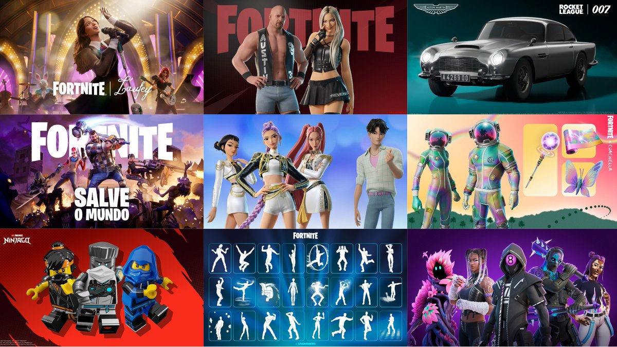 LpLeaksNews's tweet image. 🛍️ Loja do Fortnite | Seções de Hoje! #Fortnite

· Laufey (4x)
· WWE [Steve Austin e Liv Morgan] (3x)
· Aston Martin DB5 do 007 (1x)
· Salve o Mundo (2x)
· Coachella [Horizonte e Cosma?] (8x)
· Guerreiras do K-Pop [Jinu e Golden] (5x)
· LEGO NINJAGO (3x)
· Vibes a Todo Volume
