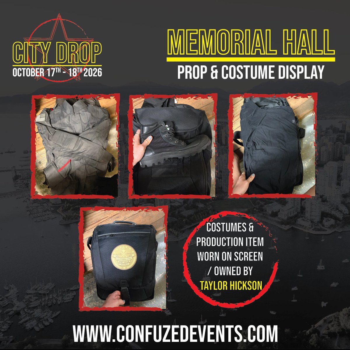 CityDropCon's tweet image. Our Memorial Hall has some more exciting items courtesy of @taylorhickson ✨️ Taylor is allowing us to display her military jacket, boots, pants, &amp;amp; her season 3 production bag!

Display is free for ticket holders: tinyurl.com/39xupkb6

#switches #motherlandfortsalem #raylla