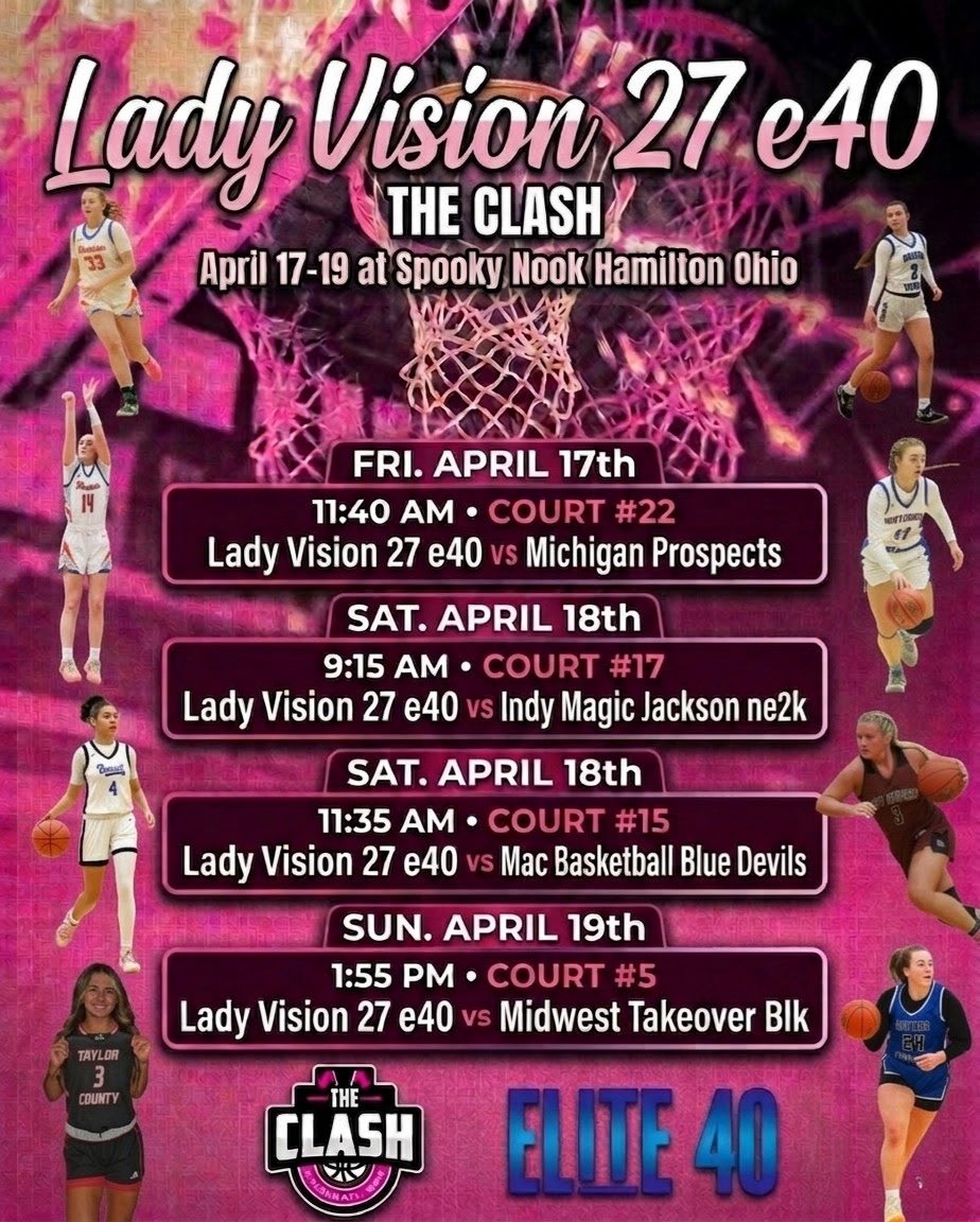 LadyVision2024's tweet photo. Coaches here is our schedule for The Clash this weekend!!!  Stop by and check out our talented athletes!!! @Elite40League @InsiderExposure @IE_Showcase_ @alyxwhite_ @PGHAkeem @PGHdavidKY @MMBR_CoachGBell @KyPrephoops https://t.co/XPfiBKaAoj