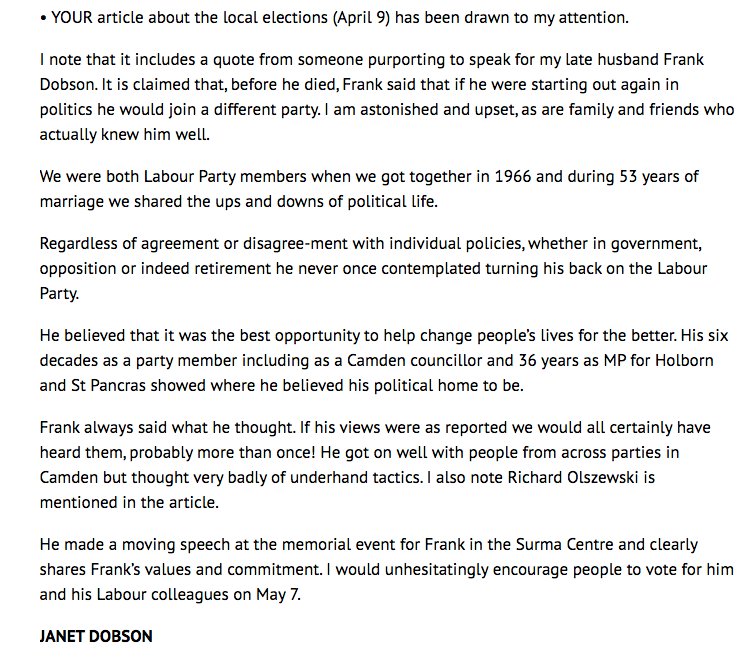 RichardOsley's tweet photo. The full letter to the New Journal from Frank Dobson's wife Janet.

'Frank always said what he thought. If his views were as reported we would all certainly have heard them, probably more than once!' https://t.co/lVUdv8Uy3J