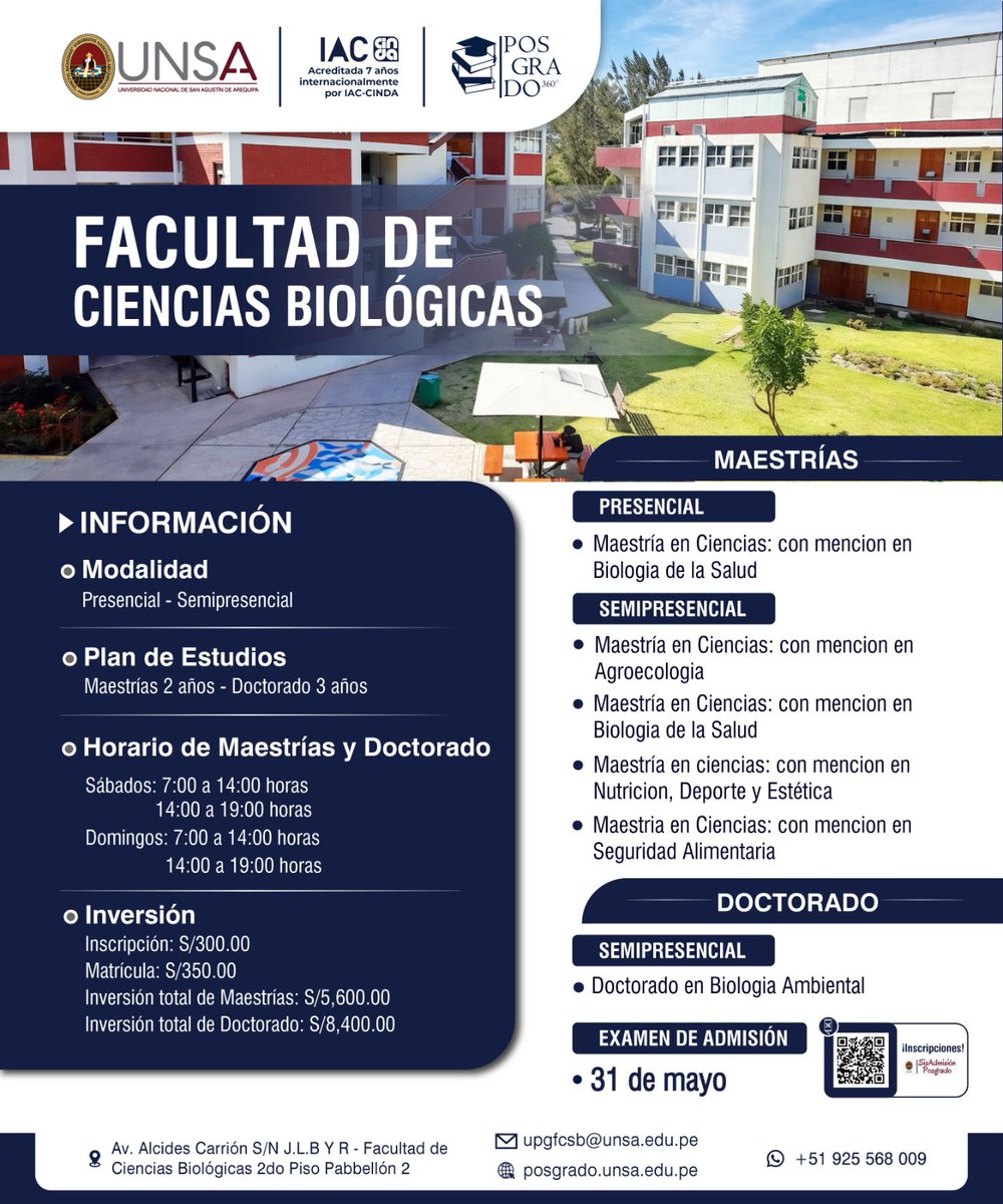 UNSA_Oficial's tweet image. 📢 La Unidad de Posgrado de la Facultad de #CienciasBiológicas de la #UNSA convoca al #ExamenDeAdmisión Posgrado 2026.
📅 Inscripciones: del 13 de abril al 23 de mayo
📝 Examen de admisión: 31 de mayo
🖥️ Inscríbete en:
👉 sisadmision.unsa.edu.pe/posgrado/