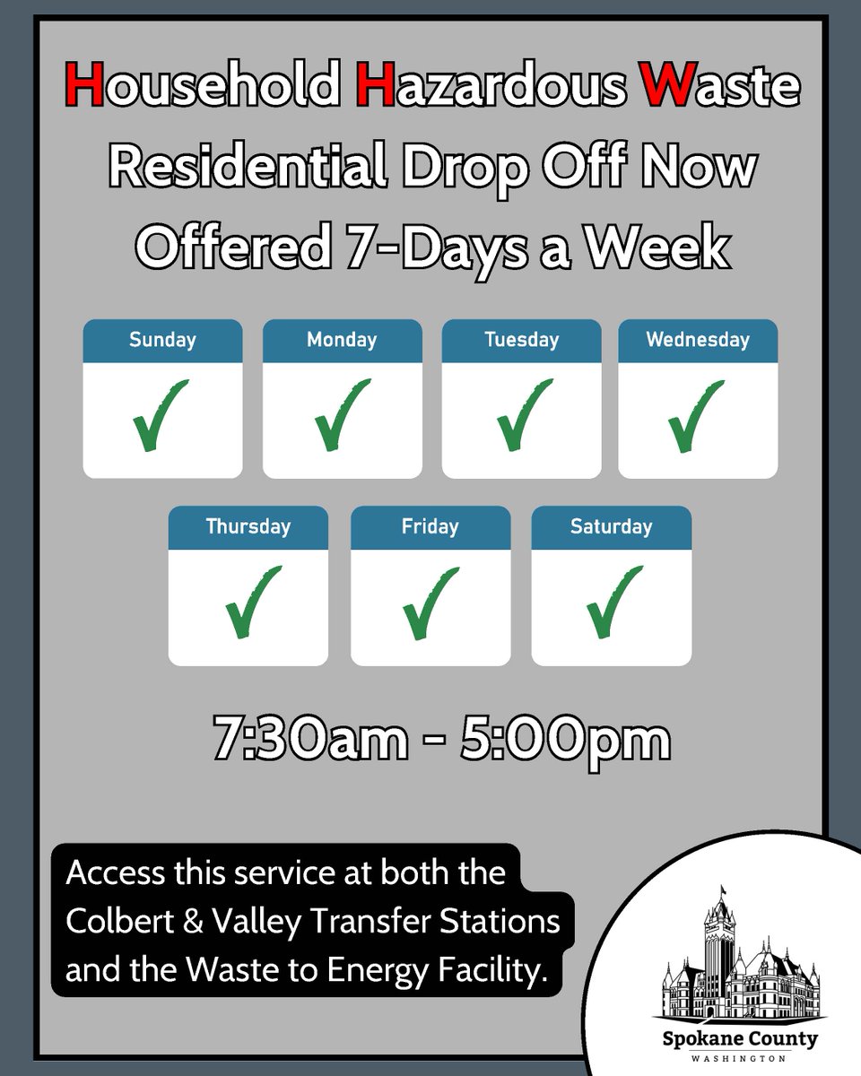 spokanecounty's tweet photo. Spokane County now offers HHW drop-off 7 days a week!
🕢 7:30am–5:00pm
📍 Colbert &amp; Valley Transfer Stations + Waste to Energy Facility
Safely dispose of corrosive, flammable, toxic, and reactive household products. https://t.co/Aoqyf7lBN2