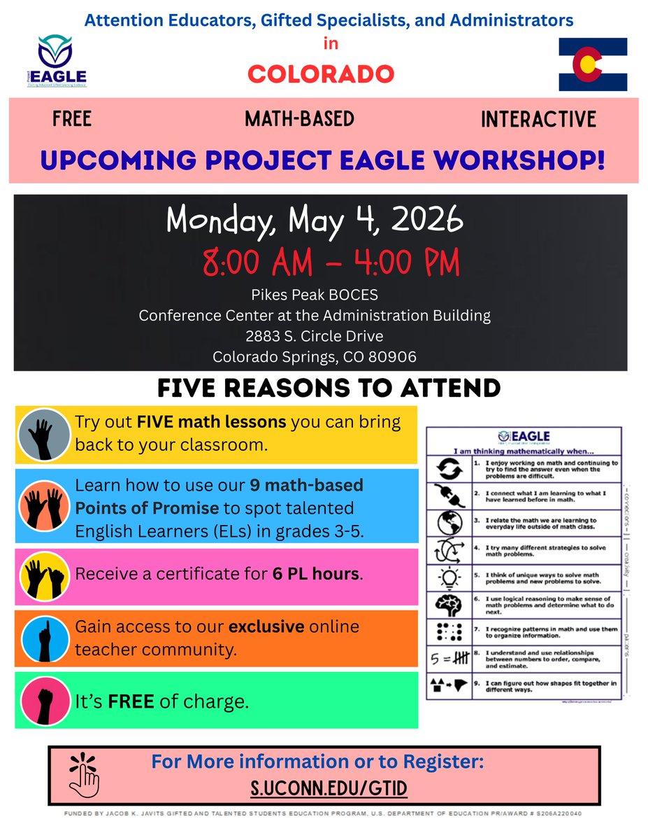 ProjectEAGLE_GT's tweet photo. Upcoming Project EAGLE Workshop Alert: Monday, May 4, 2026, in Colorado Springs. Did we mention it is free? To learn more or to sign up, go to https://t.co/vnjpAh4Qas #uconngifted #projecteagle_gt #coloradogifted https://t.co/CUyJXoIj3P