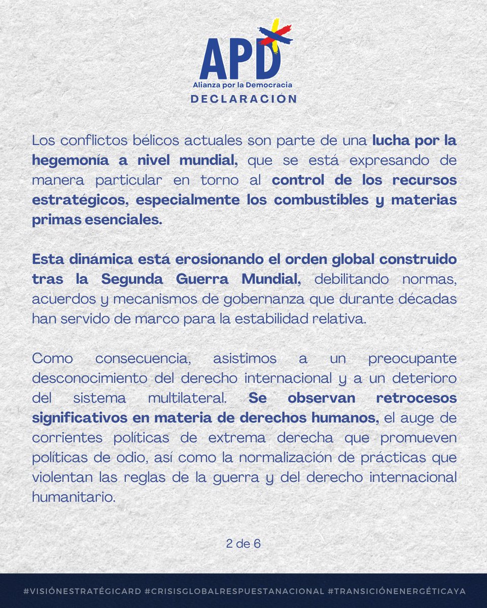 APD_web's tweet photo. 🧵Declaración de la APD ante la crisis mundial: respaldamos el llamado al diálogo de @luisabinader. El país necesita una visión estratégica.  

Soberanía, justicia social y transición energética.  
#APD #VisiónEstratégicaRD https://t.co/LeupGXTxUz