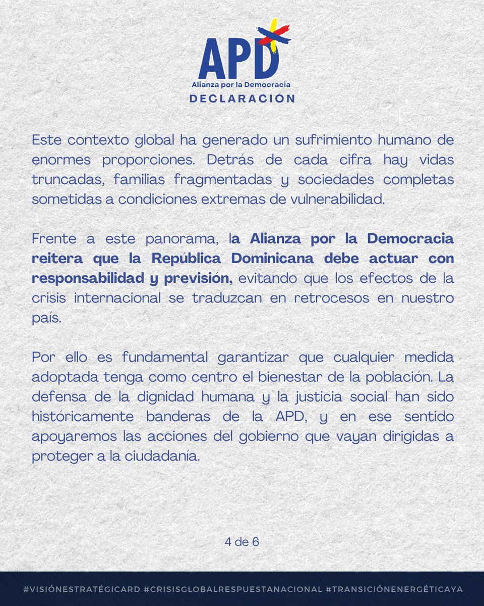 APD_web's tweet photo. 🧵Declaración de la APD ante la crisis mundial: respaldamos el llamado al diálogo de @luisabinader. El país necesita una visión estratégica.  

Soberanía, justicia social y transición energética.  
#APD #VisiónEstratégicaRD https://t.co/LeupGXTxUz