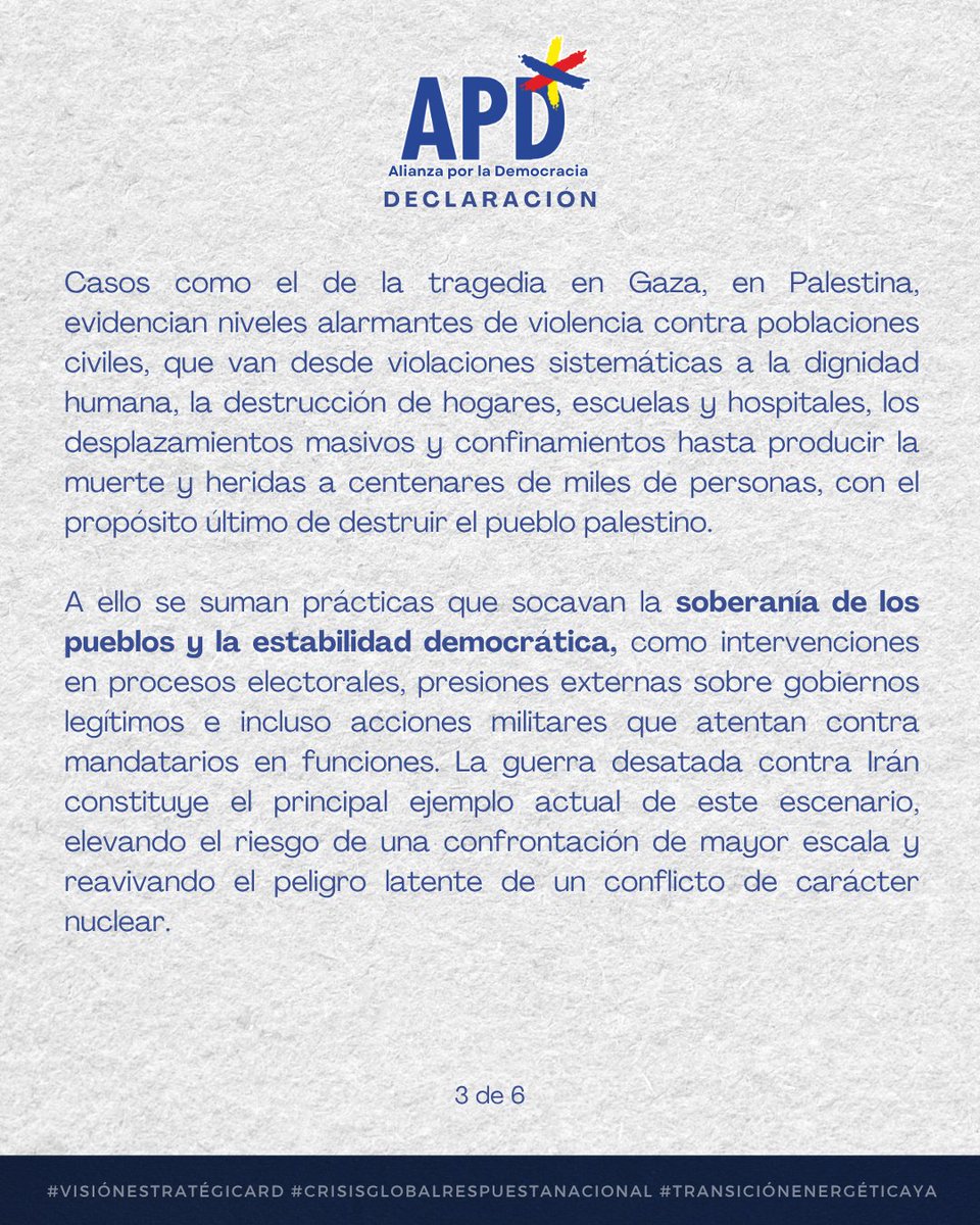APD_web's tweet photo. 🧵Declaración de la APD ante la crisis mundial: respaldamos el llamado al diálogo de @luisabinader. El país necesita una visión estratégica.  

Soberanía, justicia social y transición energética.  
#APD #VisiónEstratégicaRD https://t.co/LeupGXTxUz