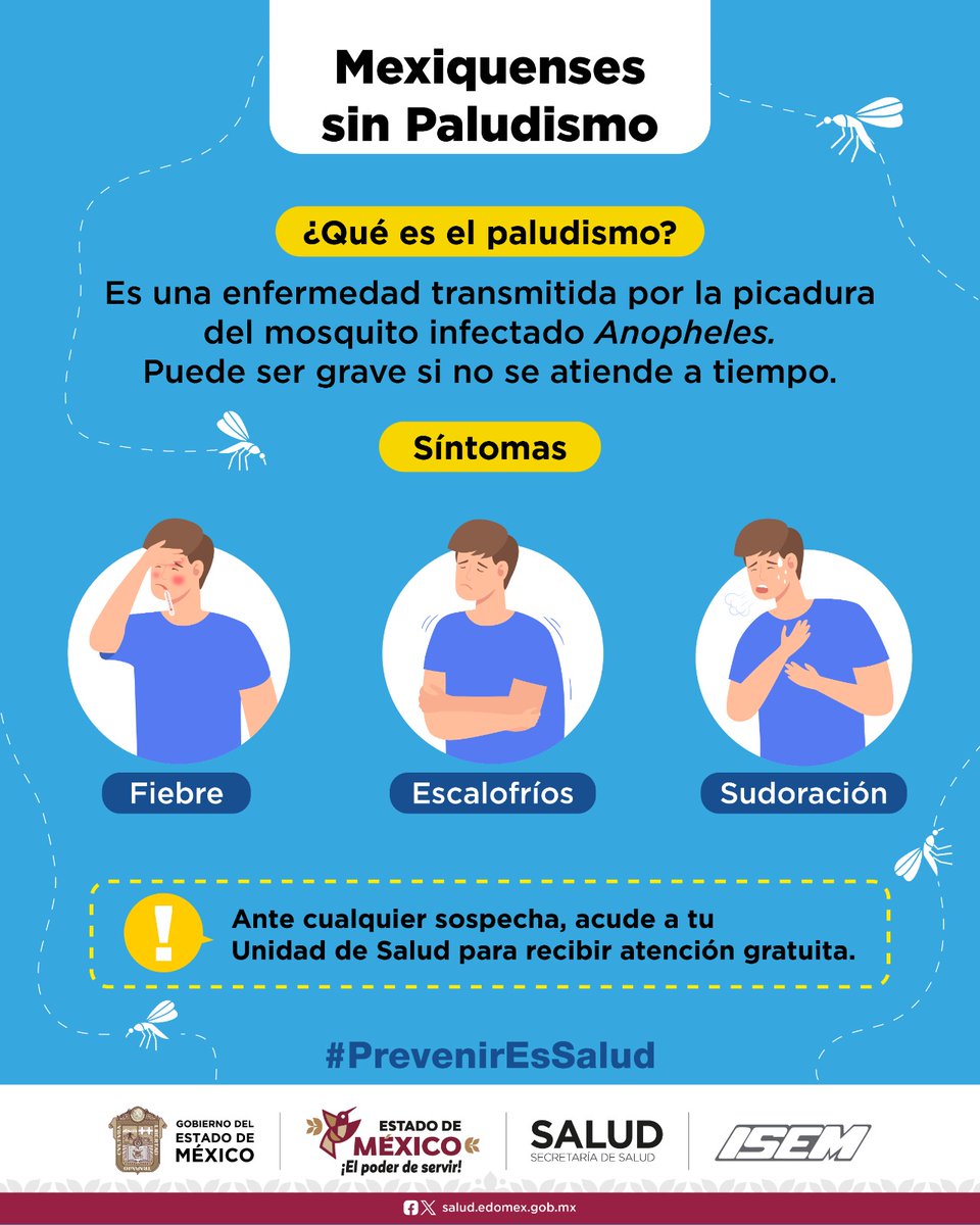 Issemym's tweet photo. #MexiquensesSinPaludismo Ante fiebre, escalofríos o sudoración, acude a tu unidad médica.

Más detalles: https://t.co/hNhYF9VLhn

#EquipoIssemym #ElPoderDeServir https://t.co/sPLZTVt3yM