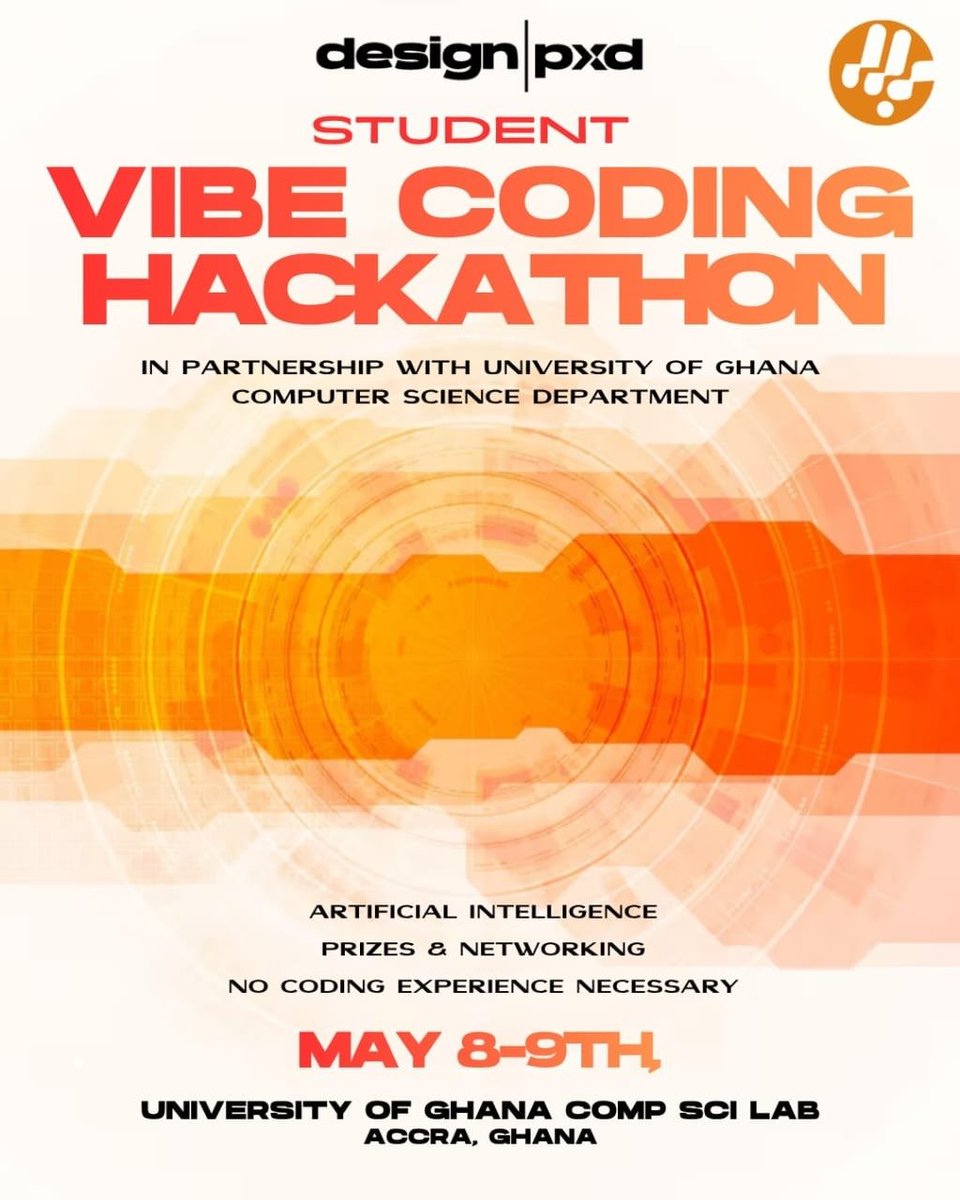 PyClubUG's tweet photo. @Designpxd is coming to campus to host a Vibe Coding Hackathon!
Ready to dive into the world of AI and build an app or website? Join us for the STUDENT AI HACKATHON in collaboration with @compssa_uog on 8th &amp; 9th May, 2026. 

Register here: https://t.co/hxuL0q4eJ0 https://t.co/Ysi8HWQl7f