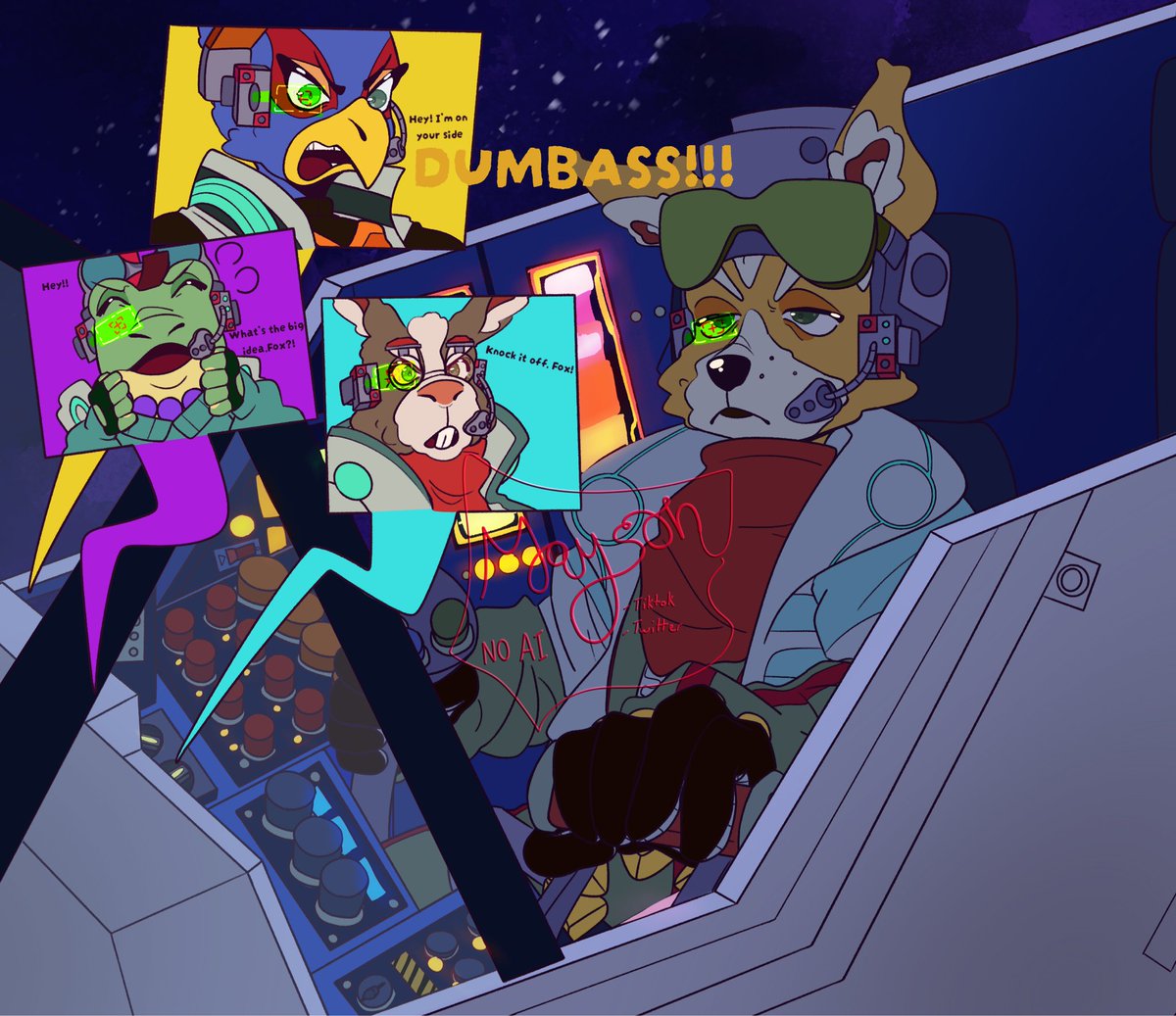 Maysonizer's tweet photo. The very first time I played Star Fox 64 I kept accidentally shooting down my teammates.
I promise I’m better at the game now

#starfox #starfox64 #foxmccloud https://t.co/jMYyOInUIV
