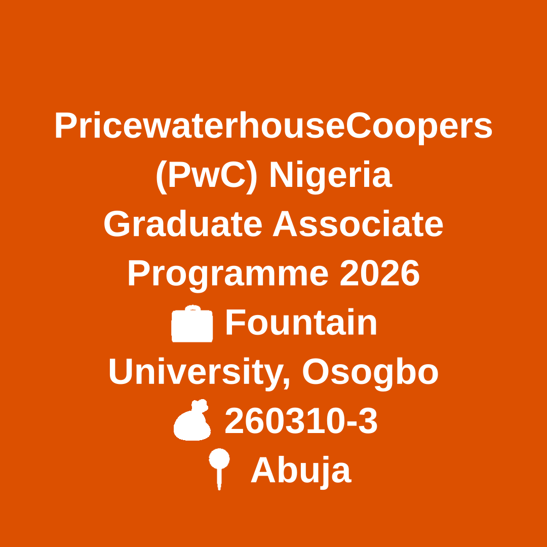 jobfetcher's tweet image. Ready to launch your career with a reputable firm? Join the PwC Nigeria Graduate Associate Programme 2026 and become part of a leading professional services team! 🚀💼  
jobfetcher.org/jobs/view/pric…  
#jobs #PwC #GraduateProgramme #CareerOpportunities