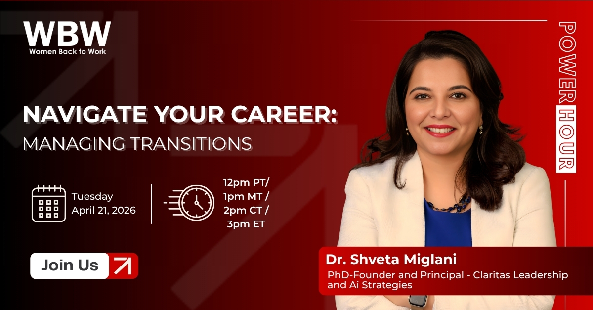 WomenBackToWork's tweet image. Power Hour

Managing Transitions
Navigate your career with confidence

🗓 April 21
⏰ 12 PM PT

Join Dr. Shveta Miglani

#WomenBackToWork #CareerGrowth #PowerHour