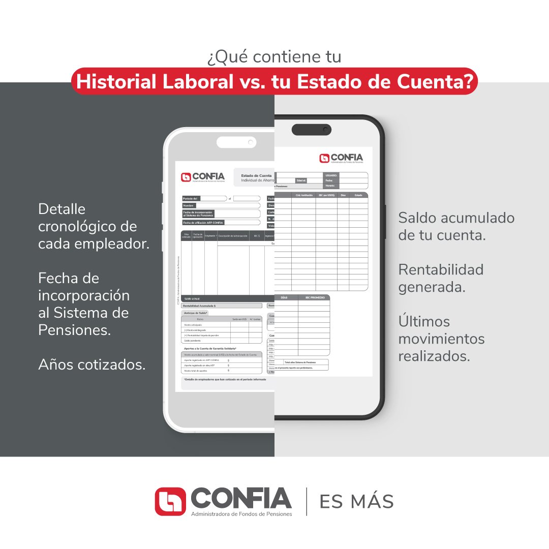 AFPCONFIA's tweet photo. Aquí te compartimos algunas diferencias clave entre tu Estado de Cuenta y tu Historial Laboral. Conoce más detalles en nuestro sitio web.🌐 https://t.co/bcMTON9vwV