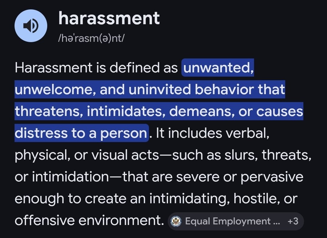xenaslashbendy's tweet photo. (6/8) Once again, let me pull up the definition. You were unwanted and unwelcomed by me, I told you my reasons for blocking you and you continued to harass me. I brought up your age because something like this could be excused if you were like 14 or something, but you're a grown- https://t.co/ETqSplRx48