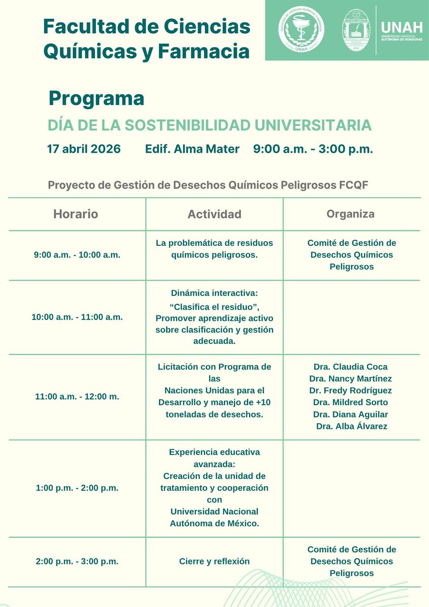 ¡Te invitamos a ser parte de nuestra Jornada de Sostenibilidad Universitaria!

La Facultad de Ciencias Químicas y Farmacia se suma a este importante encuentro, donde se presentarán diversos proyectos

17 abril 2026  9:00 a.m. - 3:00 p.m.
Edif. Alma Mater - UNAH
