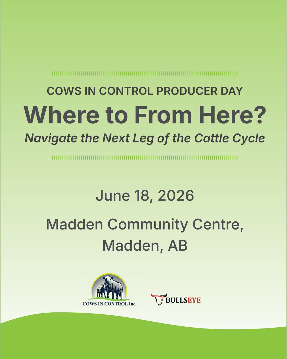 Cowsincontrol's tweet photo. Alberta cattle producers🚨this one’s for you!

Join us June 18 in Madden for Cows in Control Producer Day: markets, production, and risk‑management insights from industry leaders.

Limited spots. Lunch included. Register: office@cowsincontrol.com | 403.775.7534

#ABBeef https://t.co/kuGpj0m9Bm