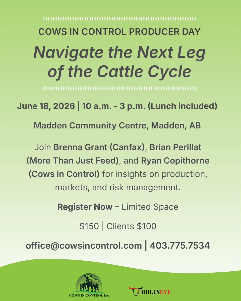 Cowsincontrol's tweet photo. Alberta cattle producers🚨this one’s for you!

Join us June 18 in Madden for Cows in Control Producer Day: markets, production, and risk‑management insights from industry leaders.

Limited spots. Lunch included. Register: office@cowsincontrol.com | 403.775.7534

#ABBeef https://t.co/kuGpj0m9Bm