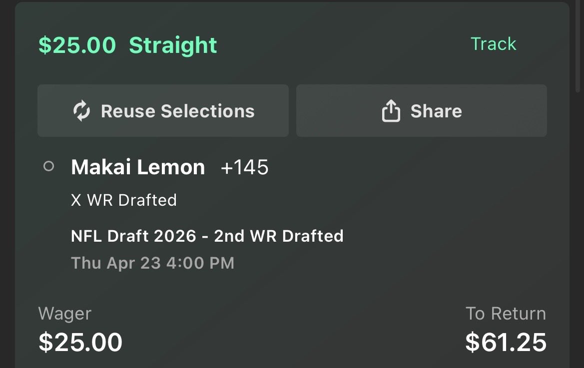 After many months of covering prospects, here are the four 2026 NFL Draft Future Bets I’m taking.

1. Over 5.5 WR’s taken in Round 1
- Six WR’s have a R1 grade for me.

2. Jeremiyah Love Pick #4
- It’s either Love or Styles

3. Fano 2nd OL drafted

4. Lemon 2nd WR Drafted