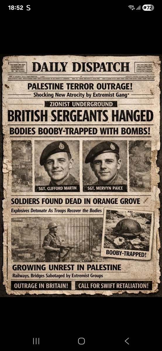 rosiehester's tweet photo. @SudhindraK92772 @CptAllenHistory That's because they were bombing them remember the King David Hotel 91 dead Sargeants Clifford Martin and Mervyn Paice both murdered and their bodies booby trapped with explosives British embassy in Rome bombed plus plenty more attacks by the irgun lehi and hagannah https://t.co/fUkIPCcnOH