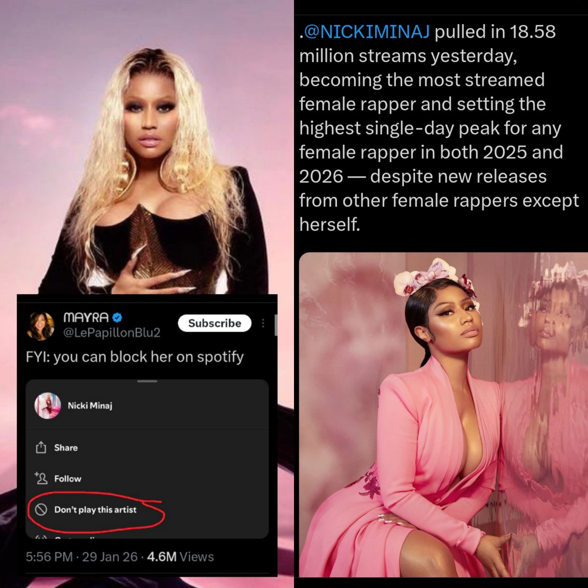 🚨 3 months ago, a tweet suggesting that people block Nicki Minaj on Spotify went viral online. 3 months later, she became the first female rapper this year to reach #1 on the global Spotify chart &amp; earned over 18.5 MILLION daily streams.