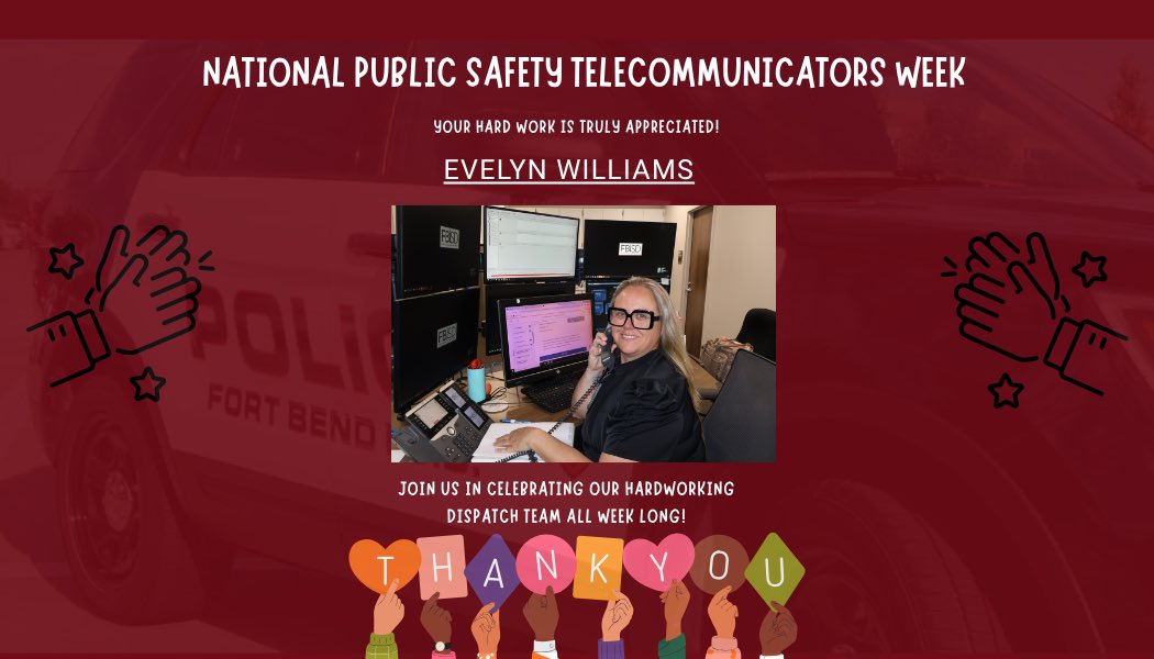 FBISDPolice's tweet photo. Help us celebrate Evelyn Williams during National Public Safety Telecommunicators Week 🎧🚨

Evelyn is one of the dedicated voices behind the scenes who helps keep our community safe every day.

Thank you, Evelyn, for your service! https://t.co/JPD7pWvbAE